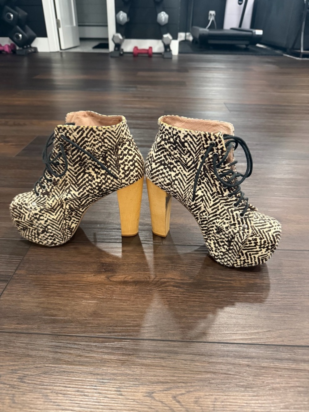 Jeffrey Campbell Litas Size 6.5 Ponyhair Platform Ankle Boots in Black & Cream